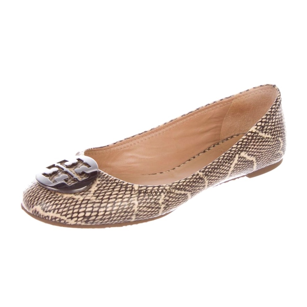 Tory Burch Reva Ballet Flat in Cobra Print in Black Natural w/ Pewter Logo Sz 8
